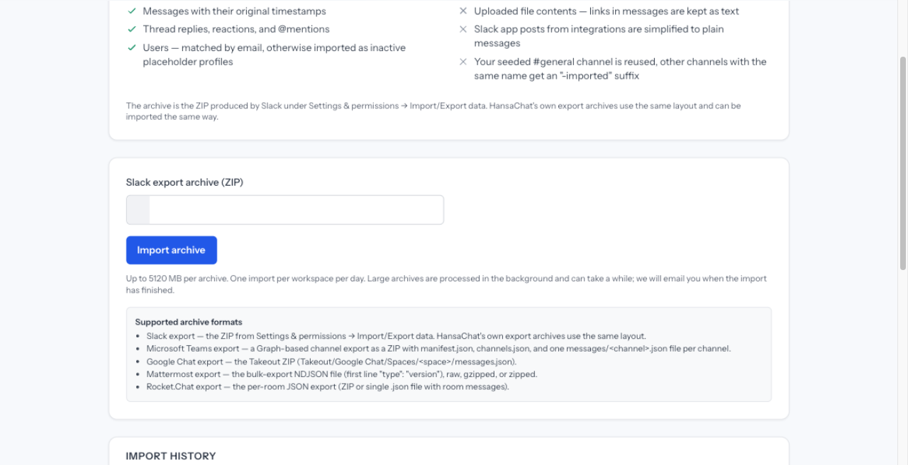 Die Import-Seite des Workspaces mit Upload-Formular und abgeschlossenem Import
