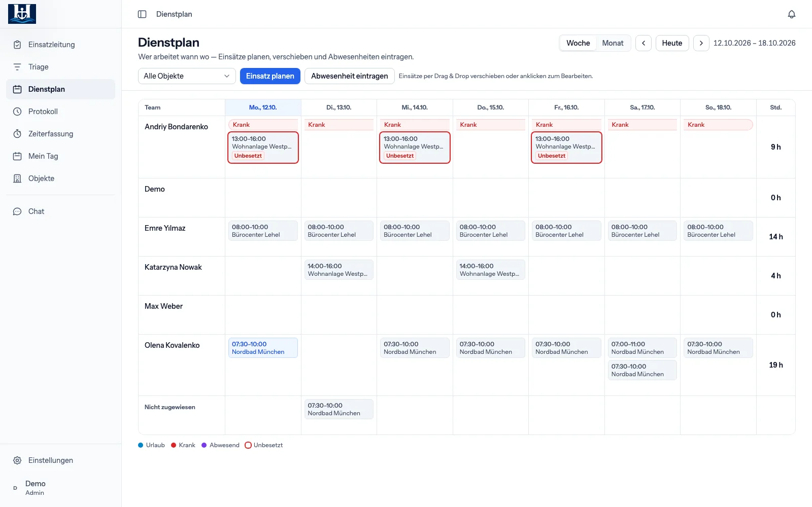 Dienstplan mit Urlaub und Krankheit